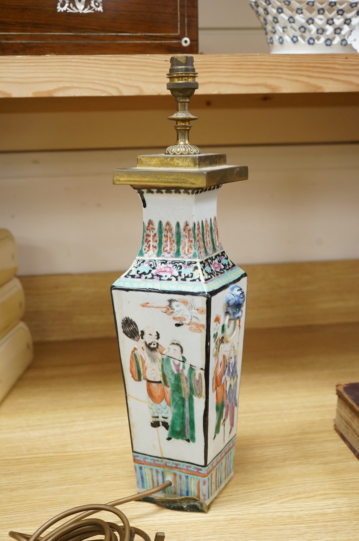 A Chinese famille rose square vase, early 20th century, mounted as a lamp, 37cm high not including light fitting.
